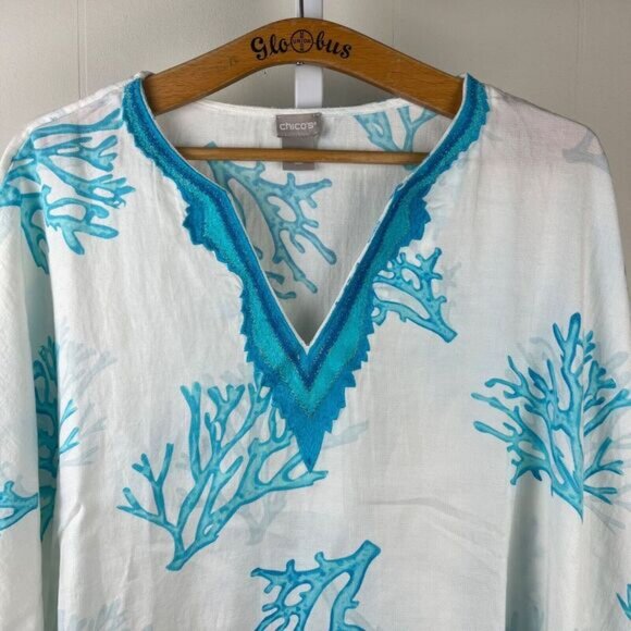 Chico's Coral Shades Beach Coverup Poncho Top Womens Size S/M Teal‎ White - Picture 2 of 6